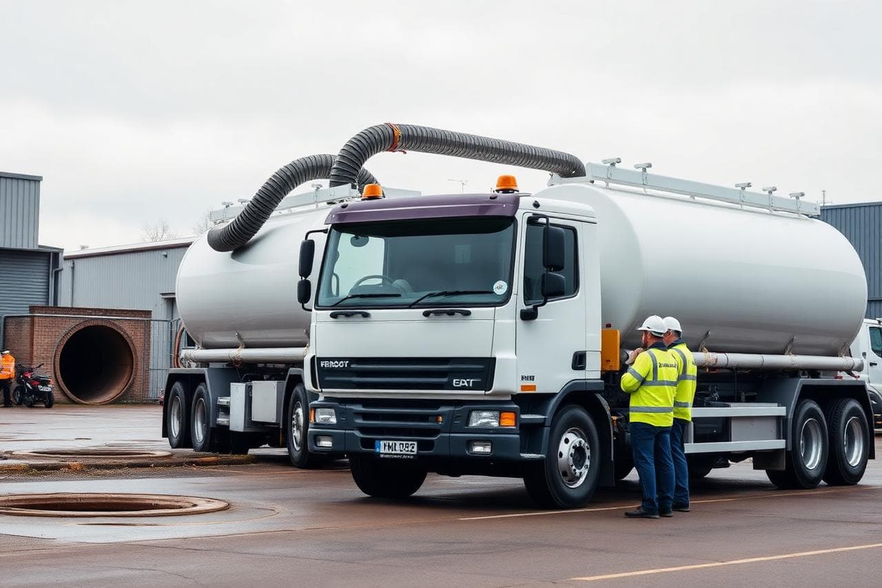 Commercial drainage tanker with suction hoses working on an industrial site with engineers in hi-vis.