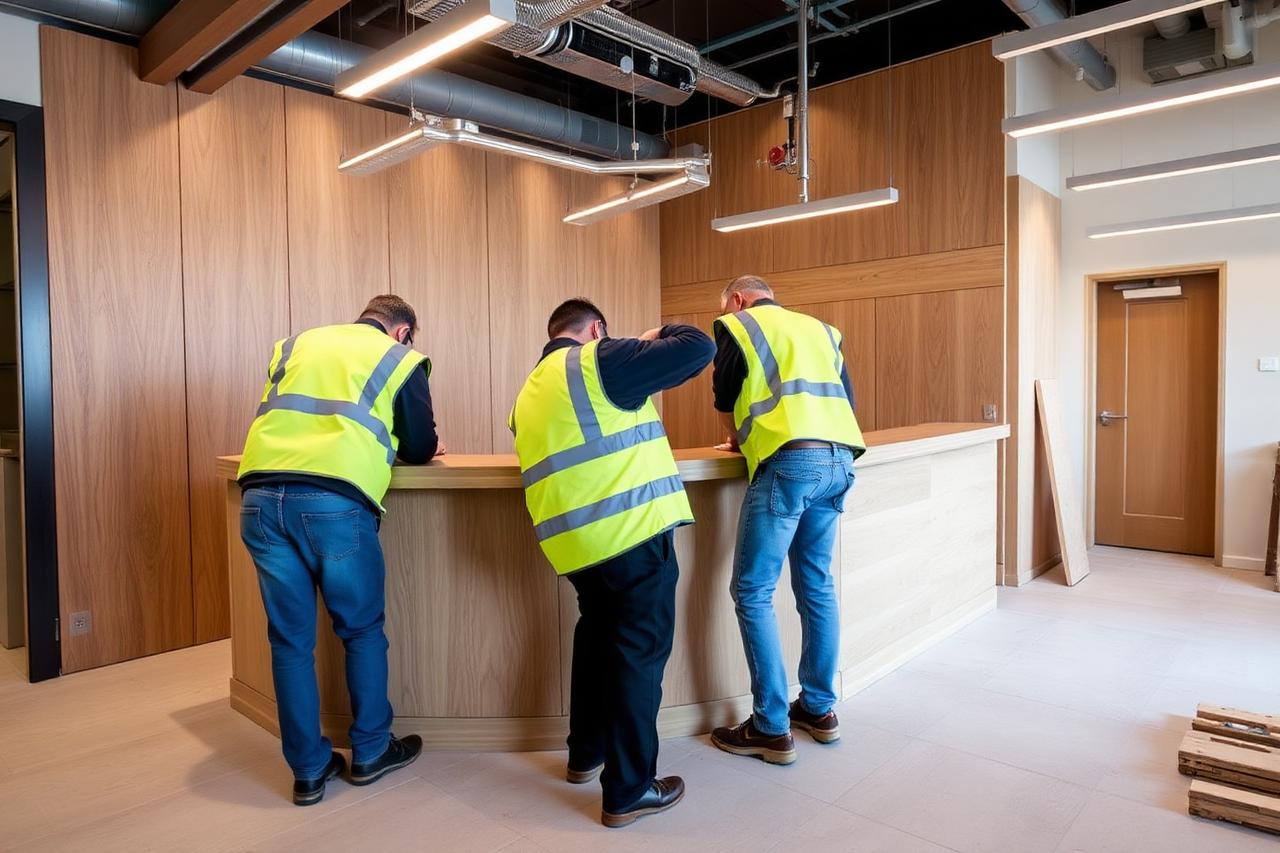 Three joiners in high-visibility vests installing an oak reception desk and wall panelling during a commercial fit-out.