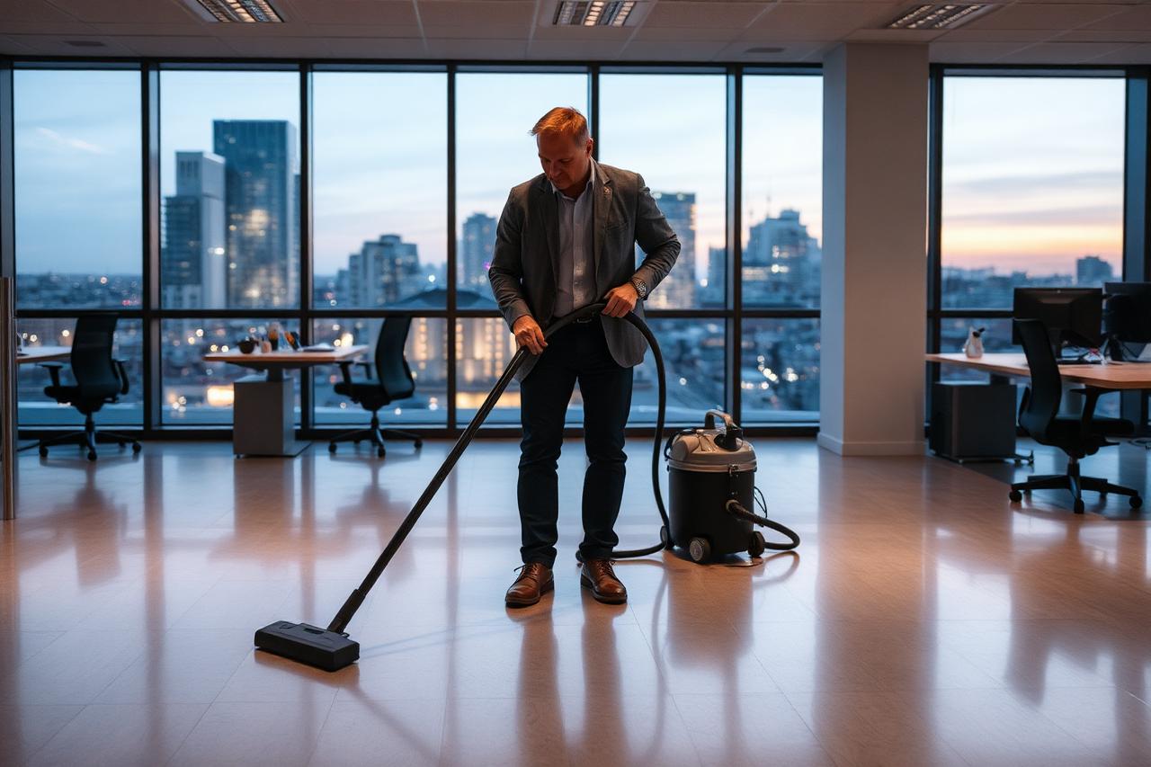 Commercial cleaner vacuuming a UK open plan office out of hours with city lights visible through the windows.
