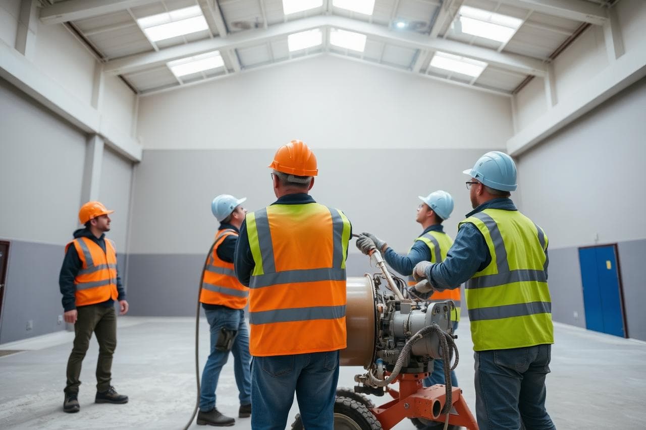 Commercial plastering crew in hi-vis workwear spray-applying plaster with a rendering machine inside a large empty UK commercial unit.