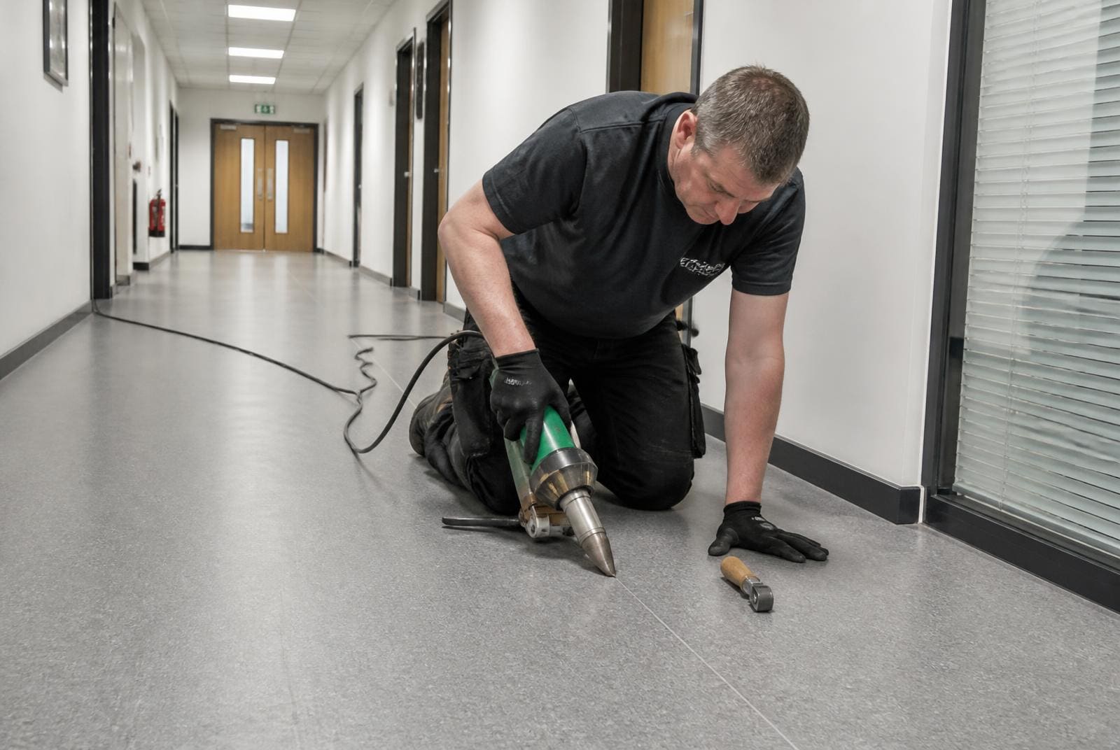 Flooring contractor hot air welding the seams of grey safety vinyl in a UK office corridor.