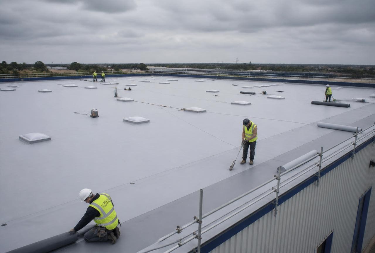 Roofing contractors installing a single-ply membrane on a large commercial warehouse roof under an overcast UK sky.