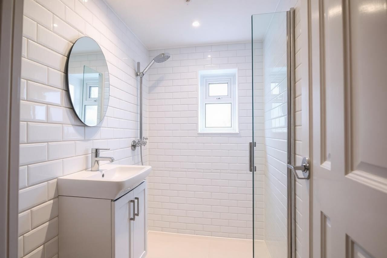 Compact white en suite shower room in a UK home with metro tiles, a vanity basin unit, chrome shower and small window.