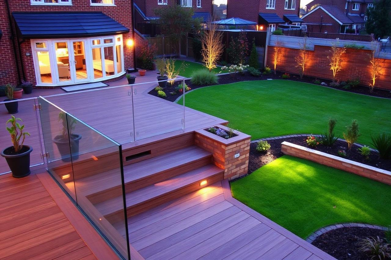 Composite decking area with a glass balustrade and steps down to a lawn in a landscaped UK garden lit warmly at dusk.
