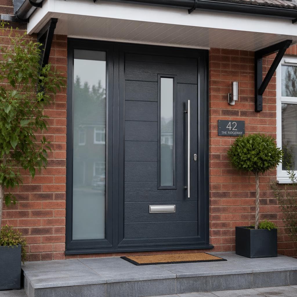 Anthracite grey composite front door with chrome furniture and a glazed side panel on a red brick UK home.