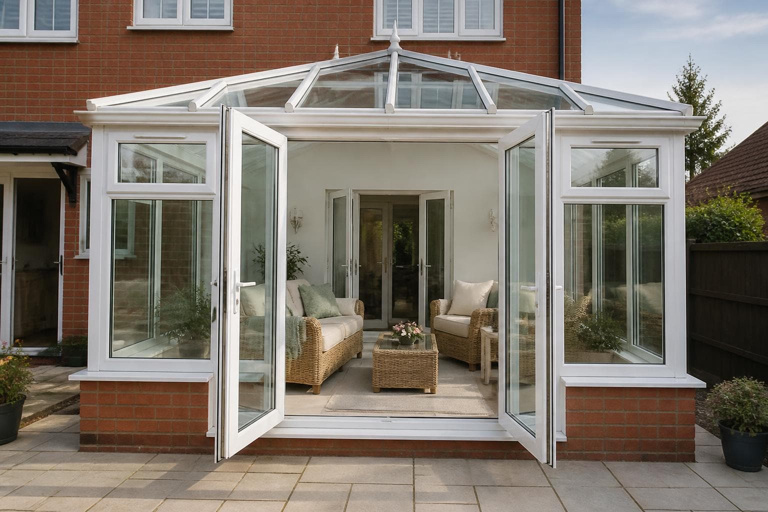 White uPVC conservatory with a glass roof and French doors attached to the rear of a red brick UK home.