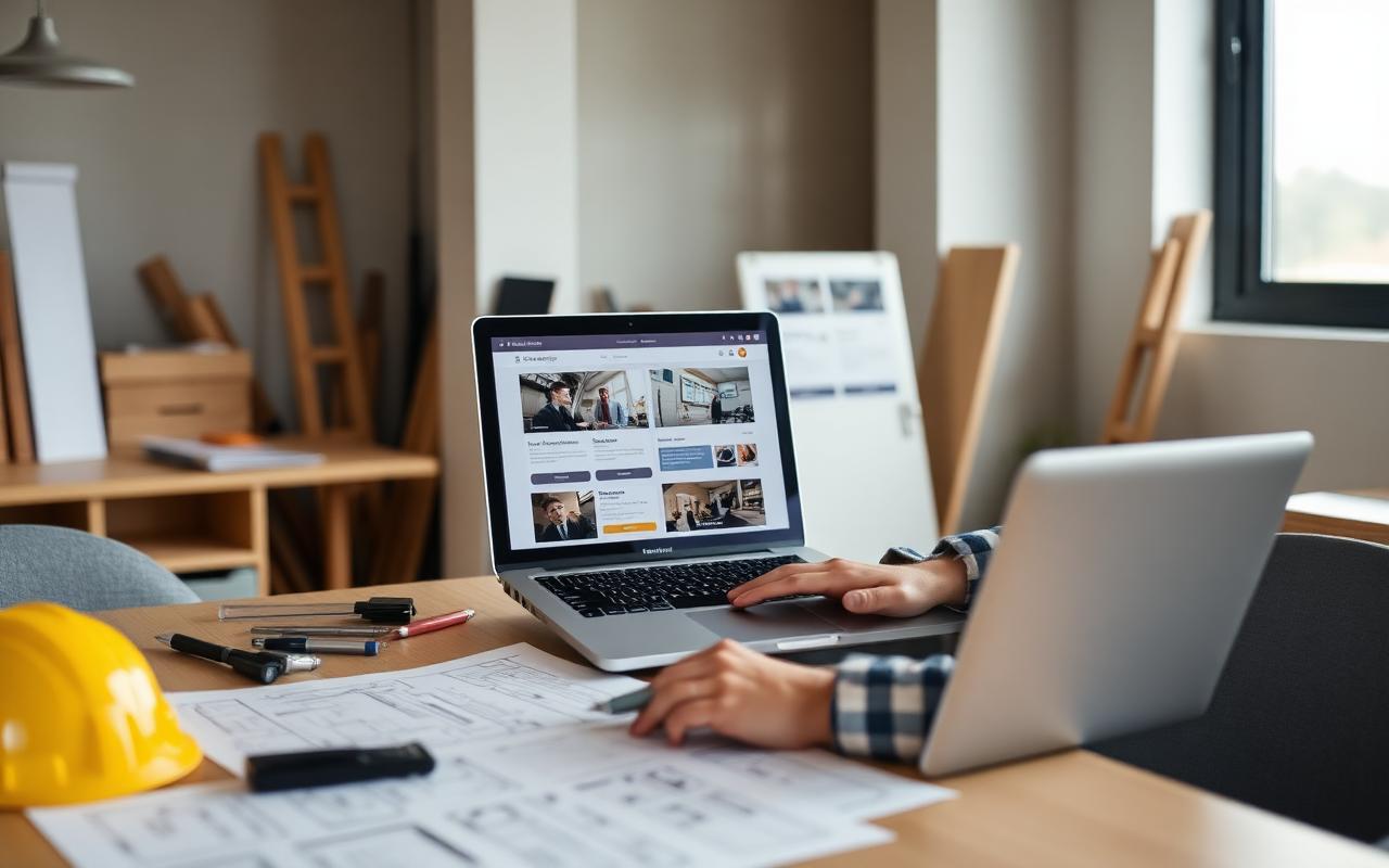 Construction company owner reviewing website enquiries on a laptop in a site office.