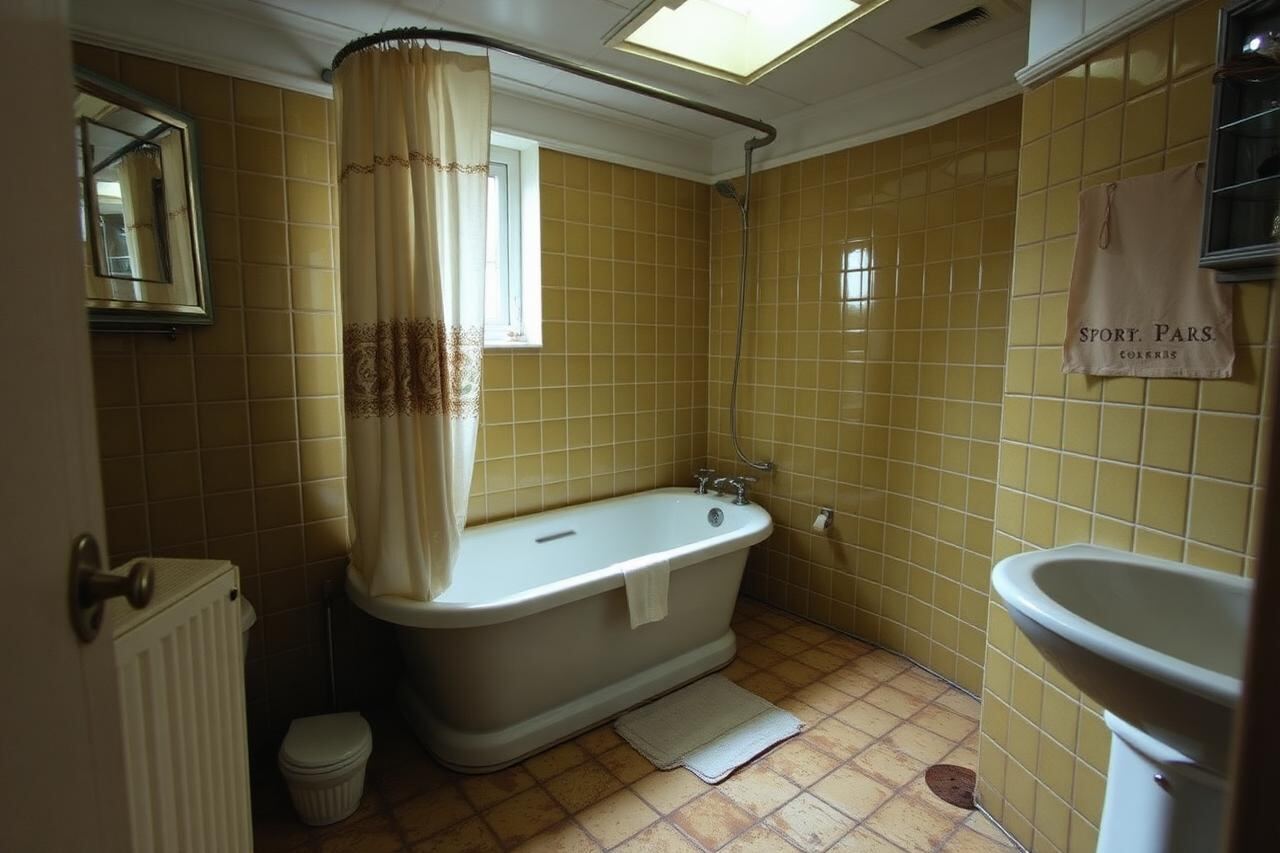 Dated 1990s UK bathroom before renovation with tired mustard wall tiles, worn floor, old bath panel and a shower curtain.