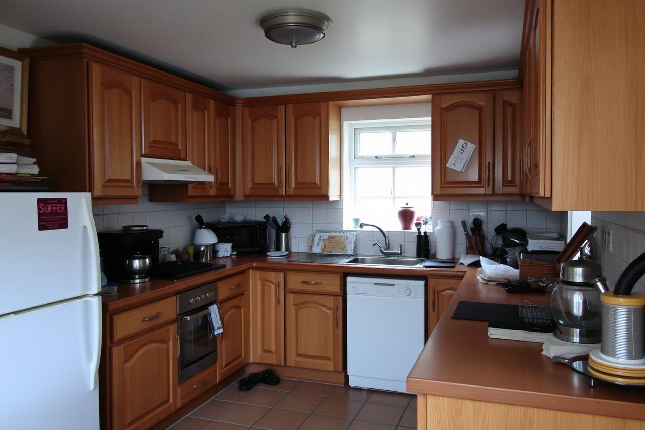Dated 1990s UK kitchen with worn oak cabinet doors, tiled splashback and cluttered worktops before renovation.