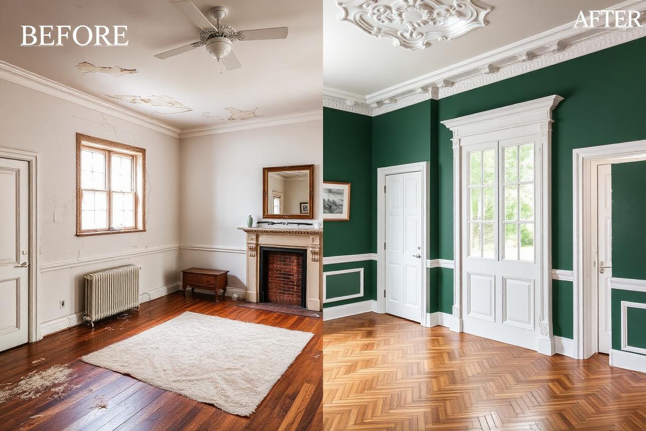 Before and after photographs of a UK room redecorated with fresh paint and crisp white woodwork.
