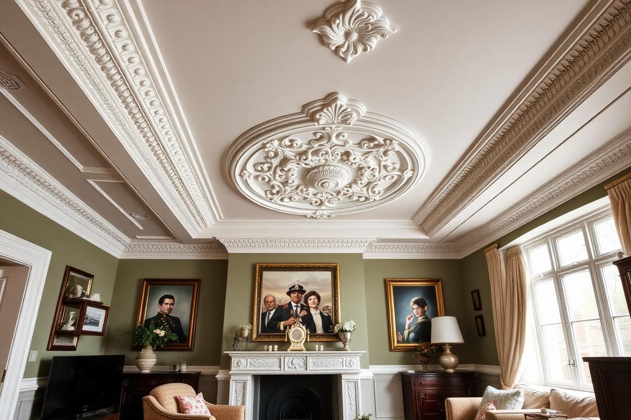 Ornate plaster coving, cornice and a decorative ceiling rose in an elegant Victorian UK living room with high ceilings.