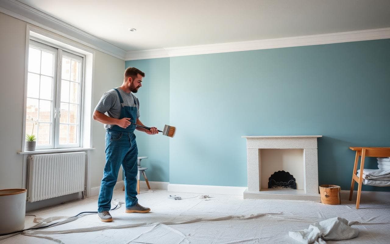 UK painter and decorator cutting in a wall with a brush in a bright British living room with dust sheets down.