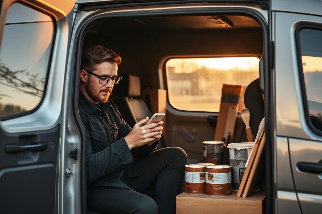 Painter and decorator sitting in a van reviewing new website enquiries on a phone at the end of the day.