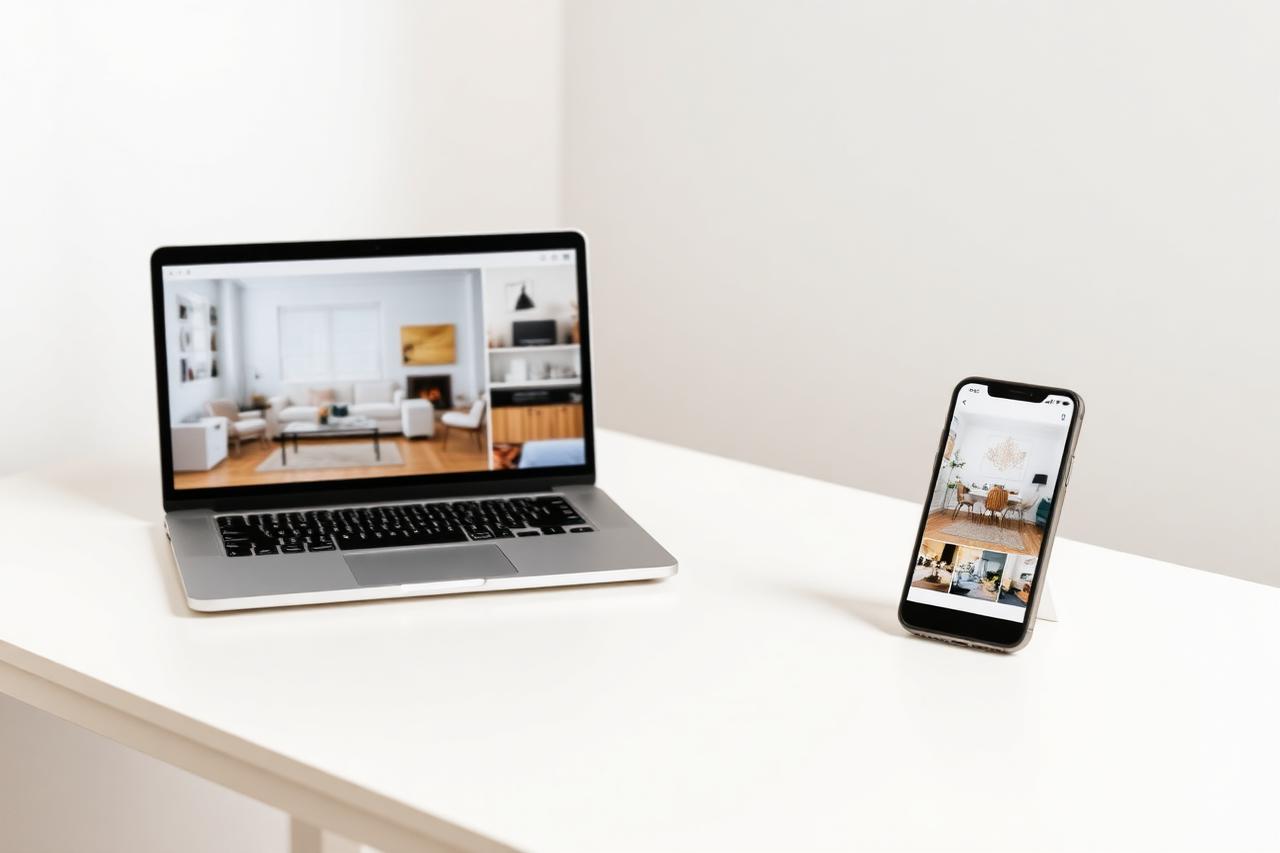 Painter and decorator website shown on a laptop and a smartphone displaying a gallery of decorated rooms.
