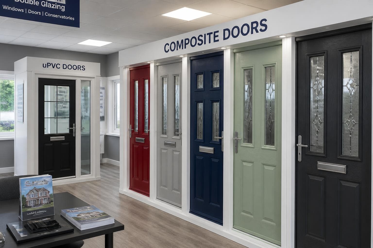 Showroom display of composite and uPVC doors in red, grey, navy, green and black inside a UK double glazing showroom.