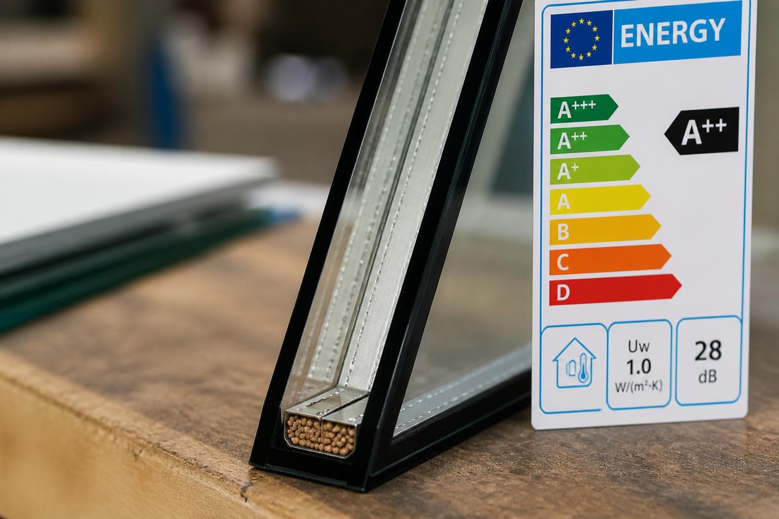 Close-up of a double glazed sealed unit showing the warm-edge spacer bar beside an A++ window energy rating label.