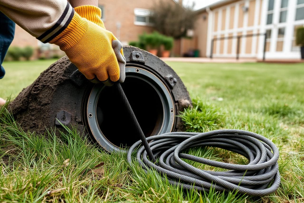 Drainage engineer rodding an open manhole chamber in a UK back garden with drain rods and gloves.
