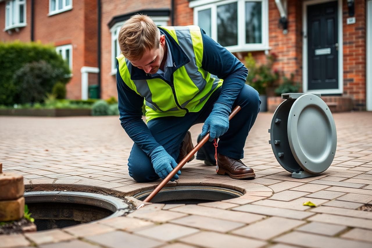 Drainage engineer in hi-vis clearing a blocked drain on a UK driveway with an open inspection chamber and rods.