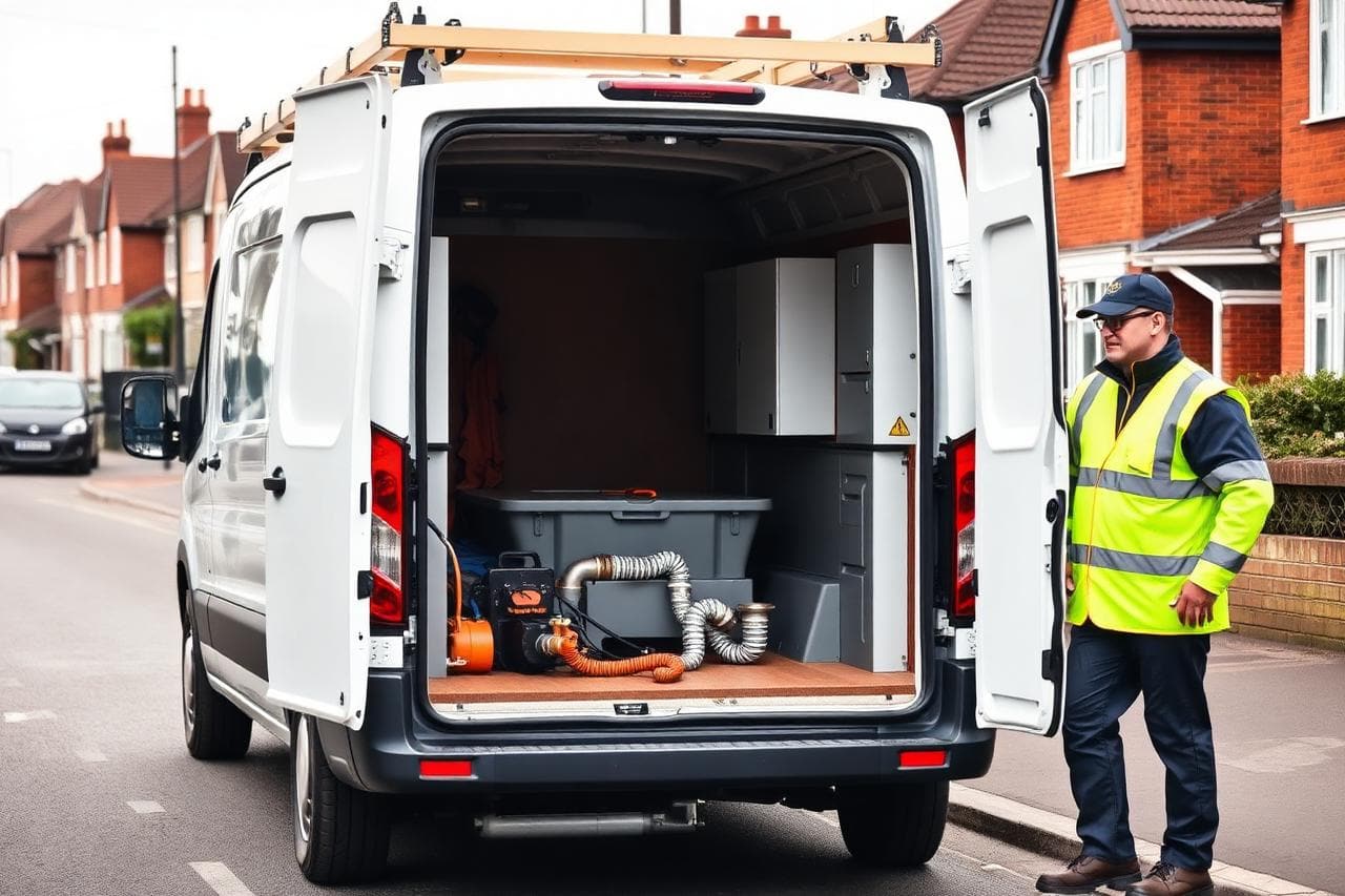 Sign-written drainage engineer van parked outside a red brick UK house with equipment ready on a residential street.