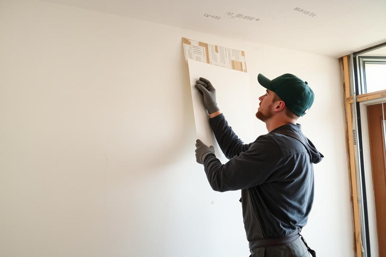 Plasterer fixing plasterboard dry lining sheets to a stud wall inside a UK house extension during a refurbishment.