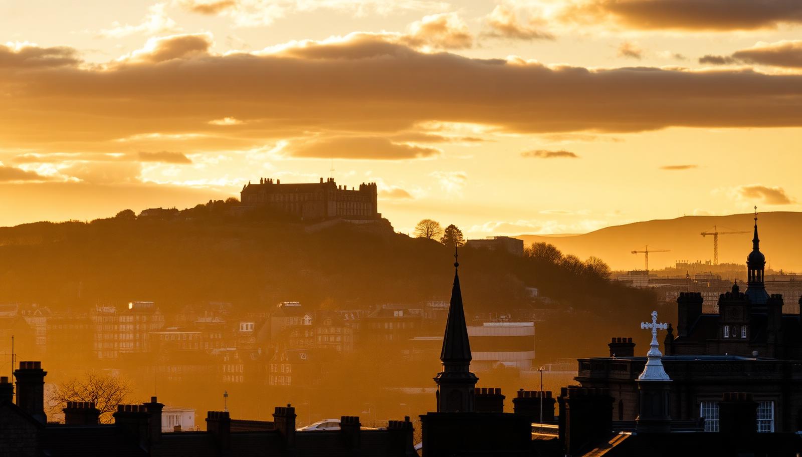 Edinburgh Castle and Old Town rooftops at golden hour