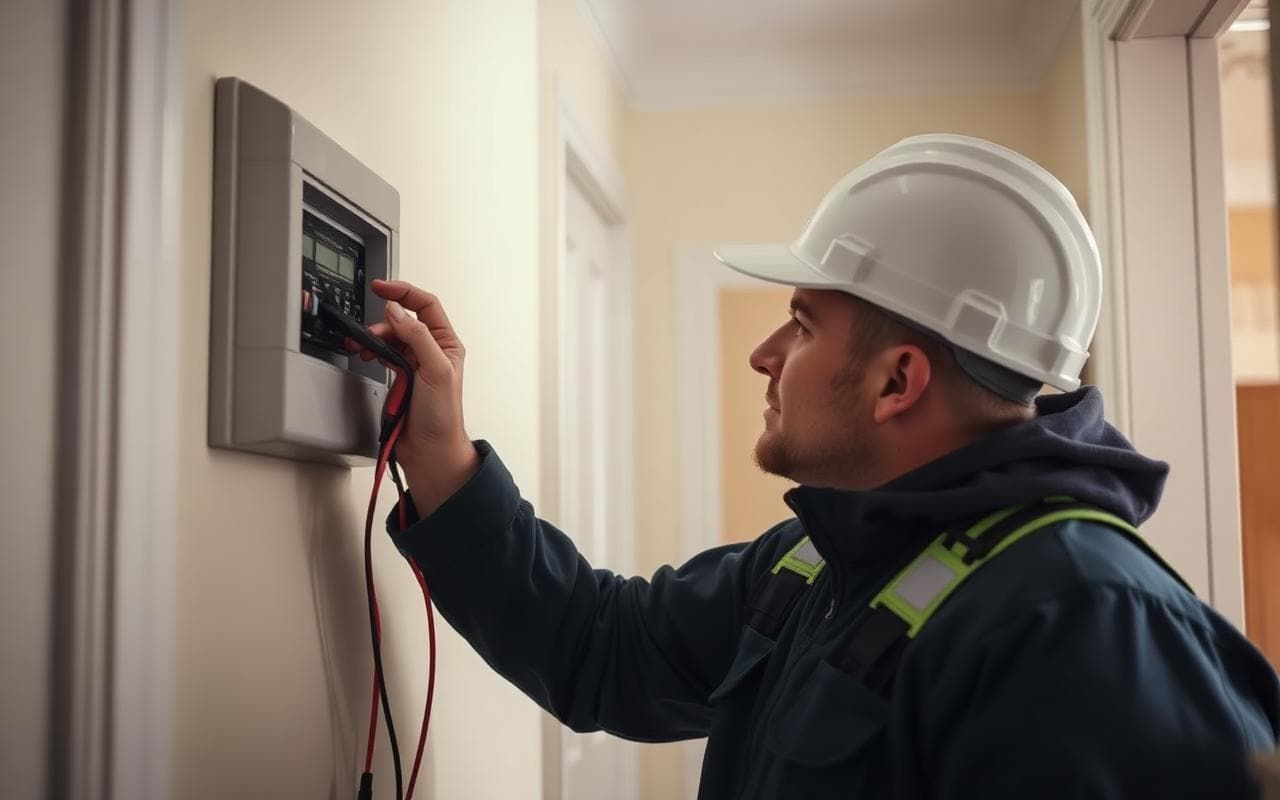 UK electrician testing a consumer unit with a multimeter in the hallway of a British home.