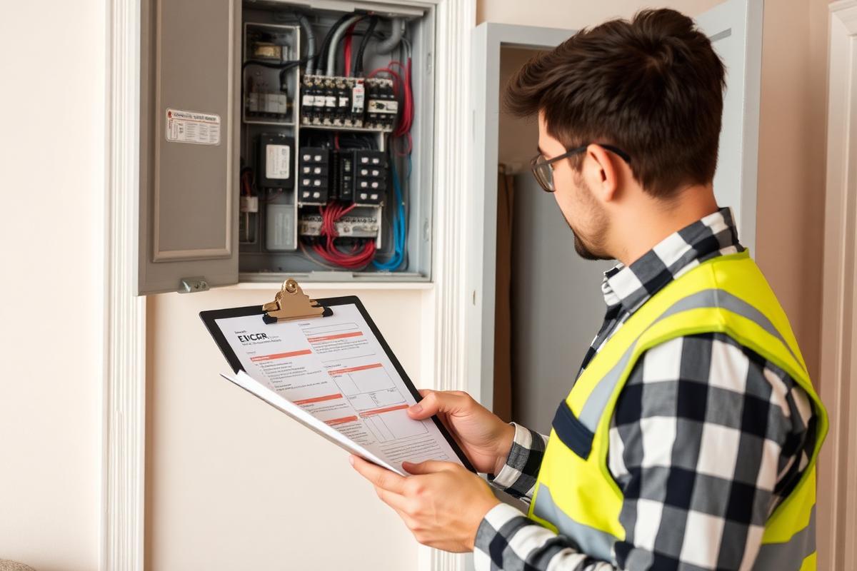 Electrician completing an EICR inspection report beside an open consumer unit