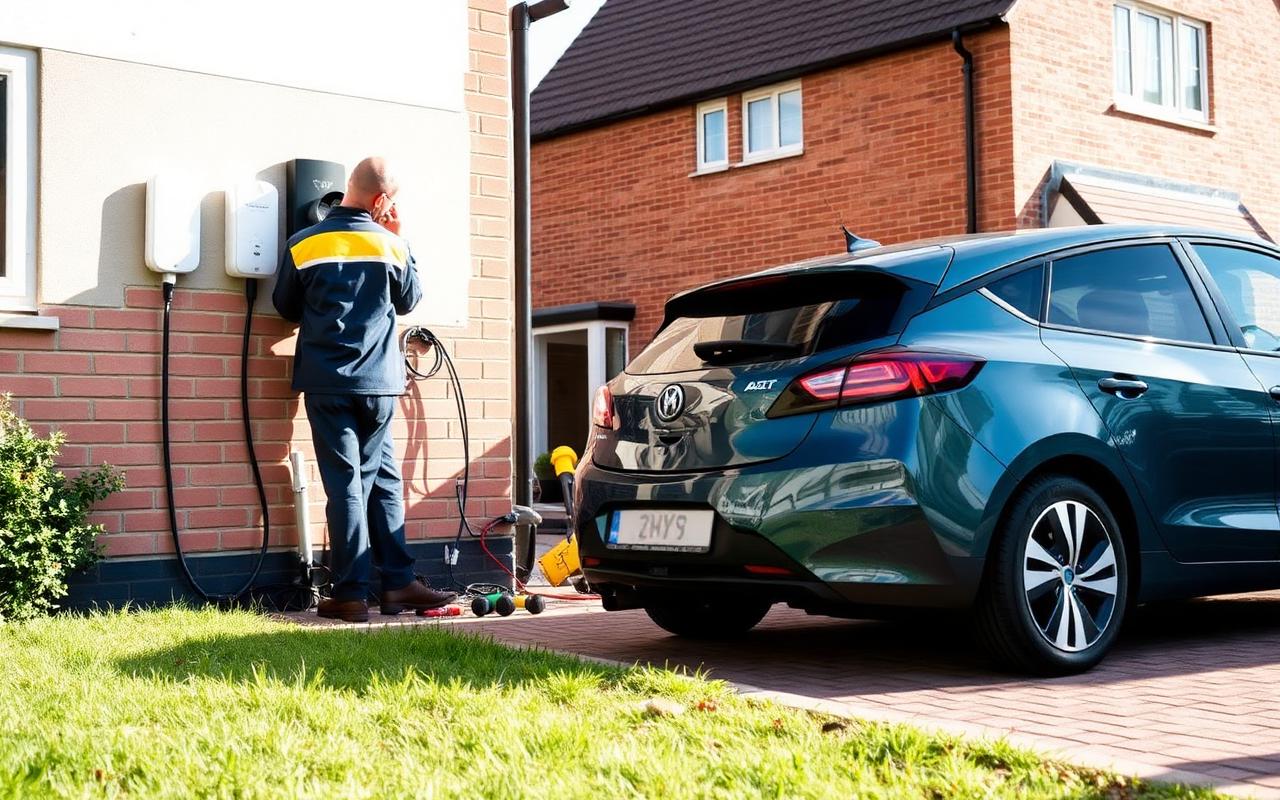 Electrician installing an EV charging point at a UK home, the highest-value page on most electrician websites