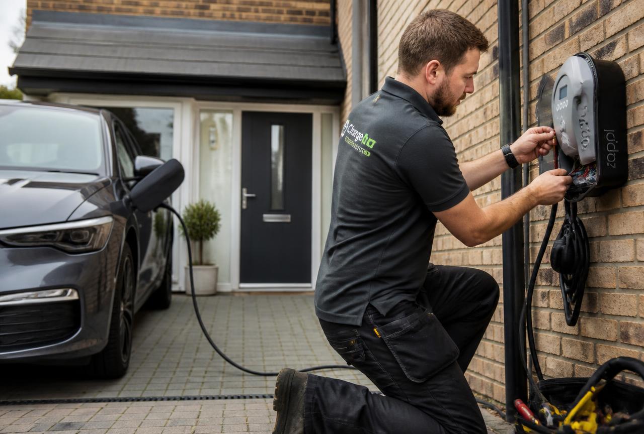 Electrician installing an EV charging point on the wall of a modern UK home