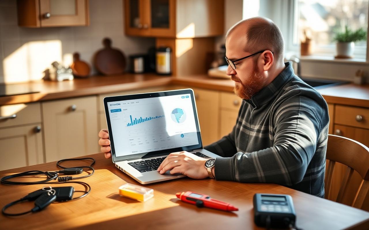 Electrician reviewing local search performance and website enquiries on a laptop