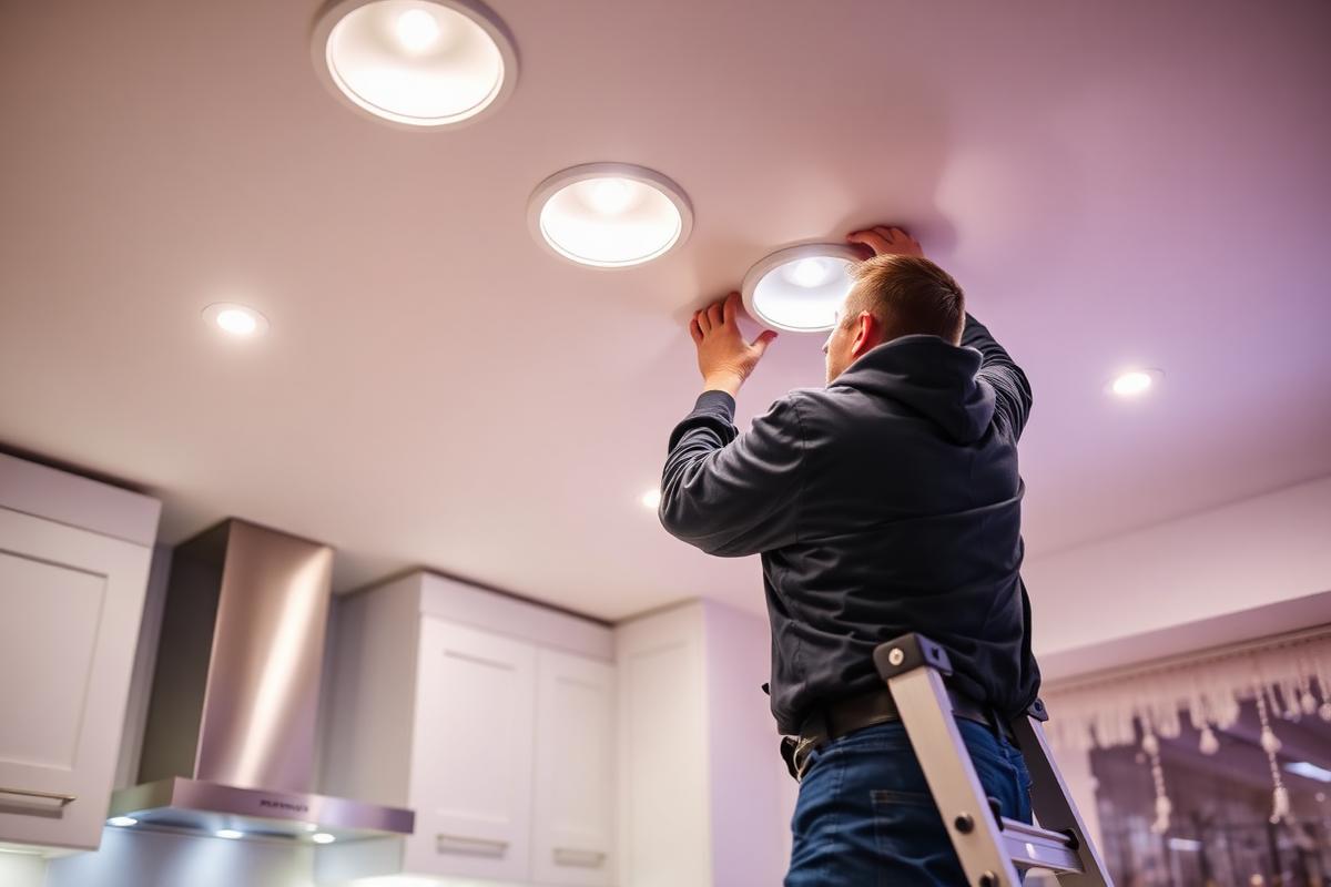 Electrician installing recessed LED downlights in a modern kitchen ceiling