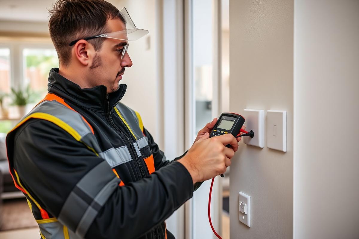 Electrician in branded workwear testing a socket with a multimeter in a home