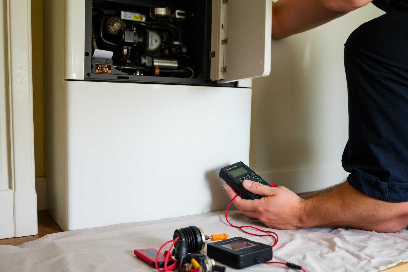 Heating engineer diagnosing a boiler fault with the casing removed and a multimeter in hand on a dust sheet in a UK home.