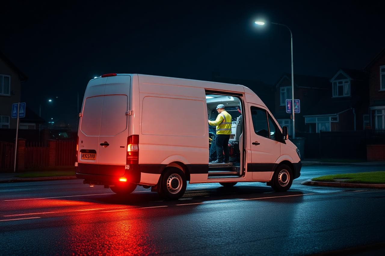 Drainage call-out van parked on a UK street at night with headlights on and an engineer unloading equipment.