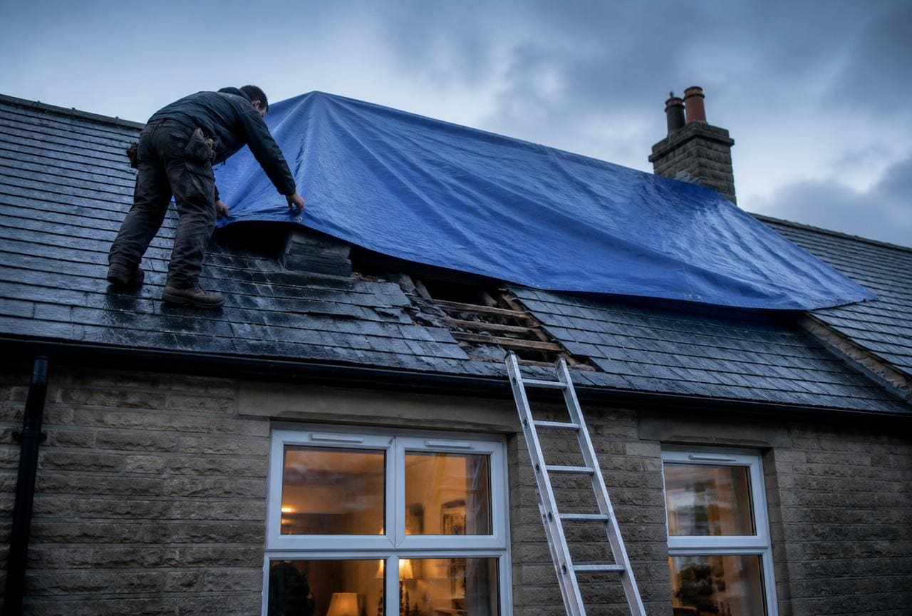 Roofer pulling a blue tarpaulin over storm-damaged slates on a UK house roof at dusk with a ladder against the gutter.