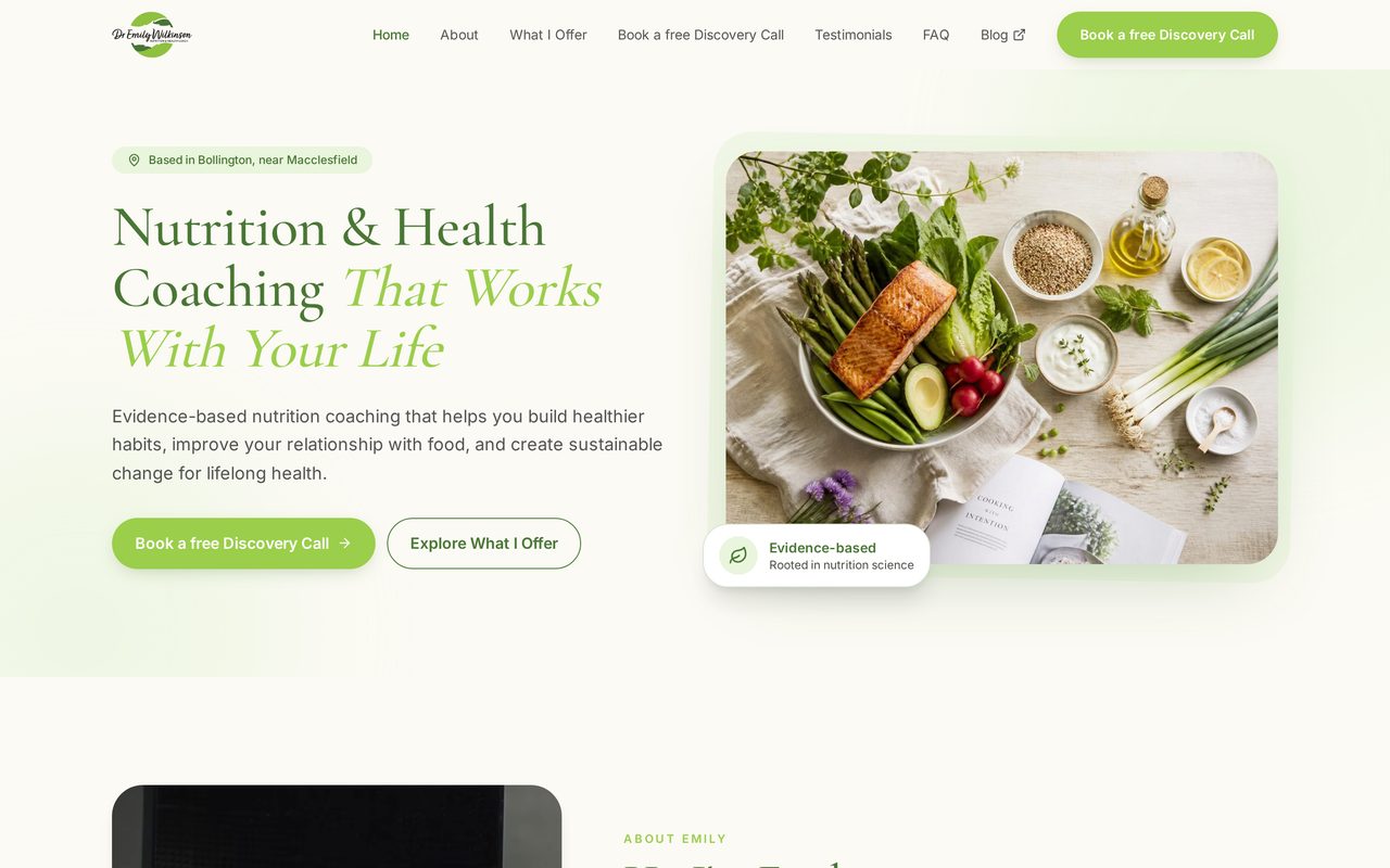 Homepage of the Emily Nutrition Coach website, showing the nutrition and health coaching headline, booking button and hero photography.