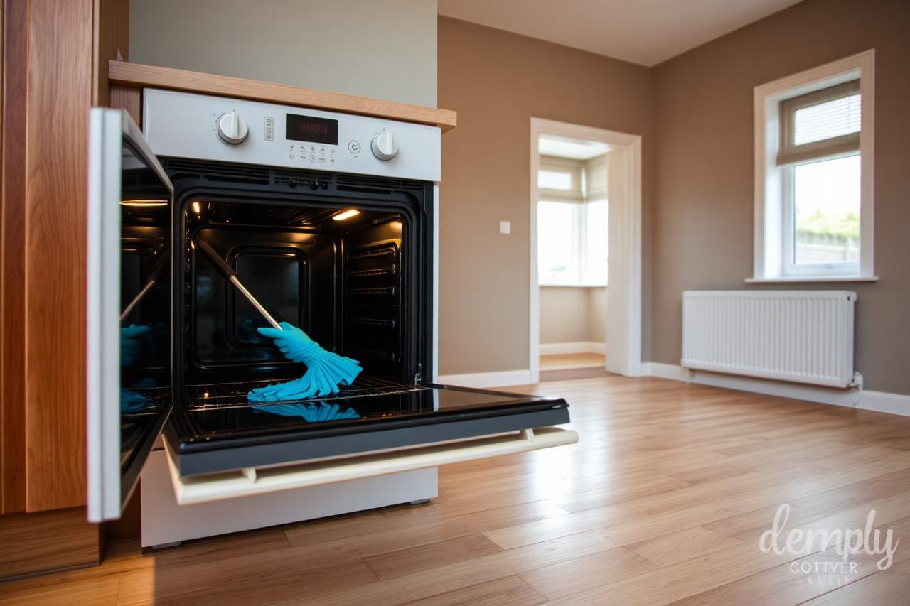 Cleaner deep cleaning inside an oven during an end of tenancy clean in an empty UK rental property.