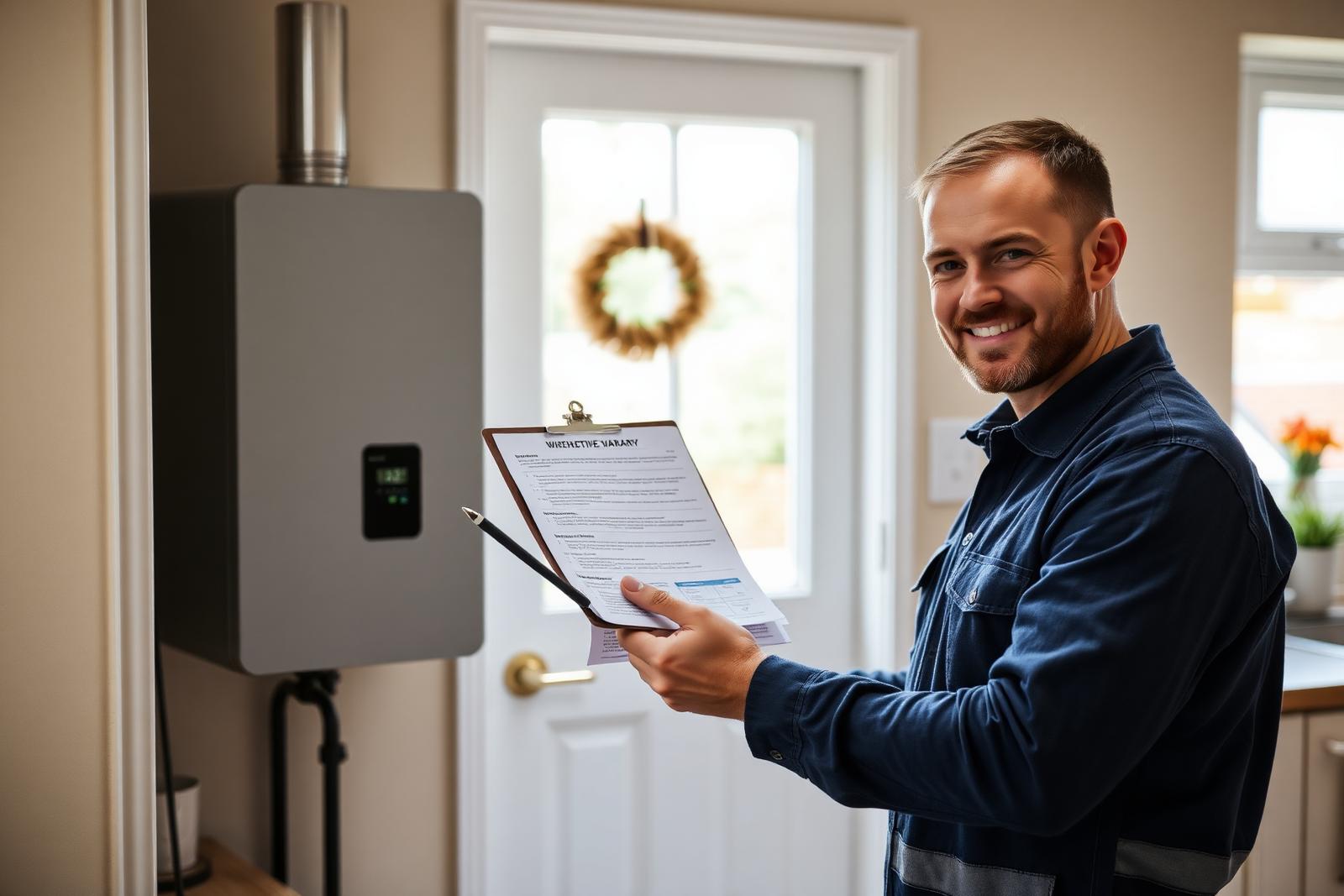 Smiling heating engineer handing a homeowner boiler warranty and service paperwork on a clipboard beside a newly fitted boiler.