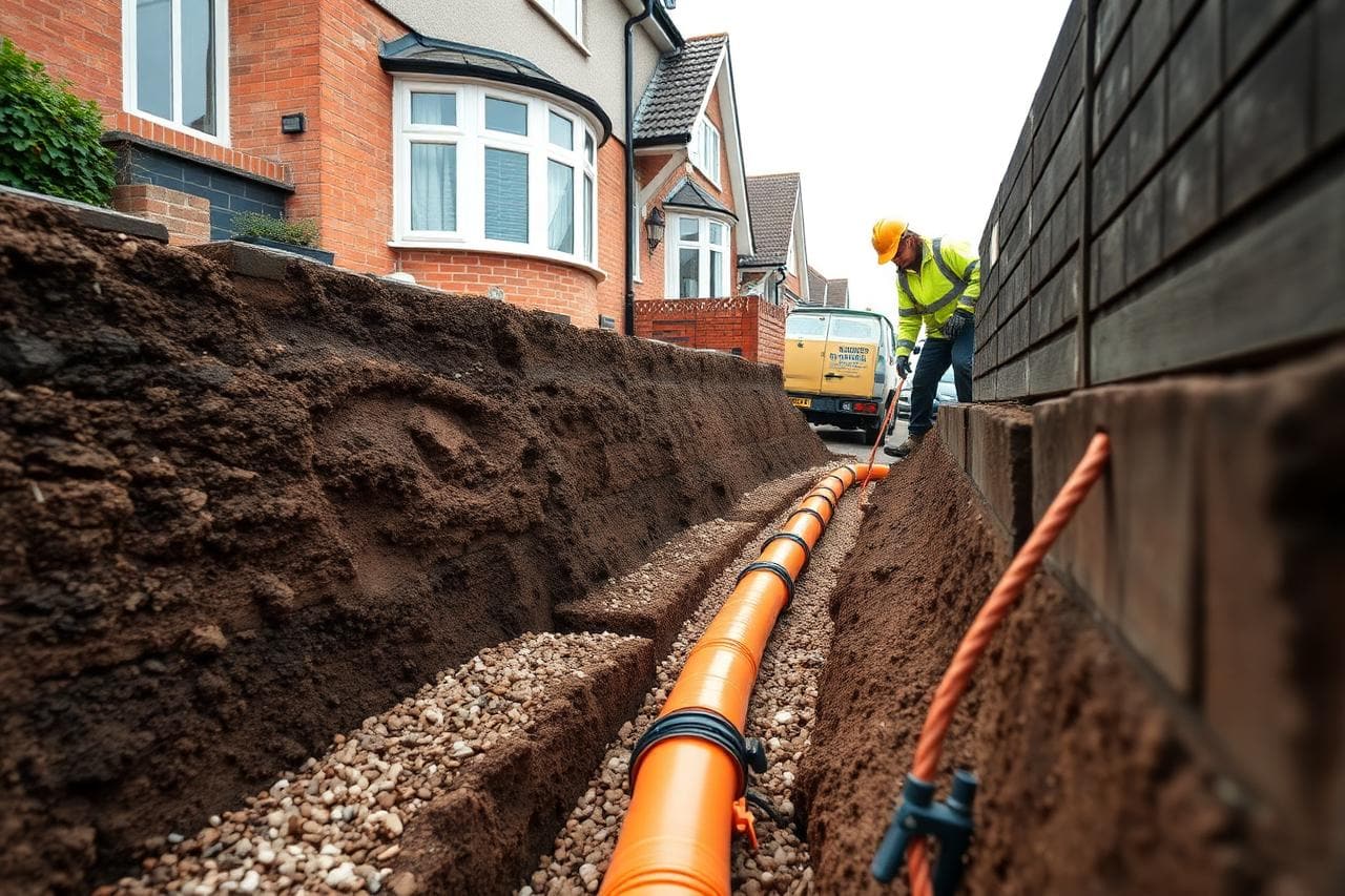 Excavated drain repair with a new section of orange plastic pipe laid in a trench beside a UK property.