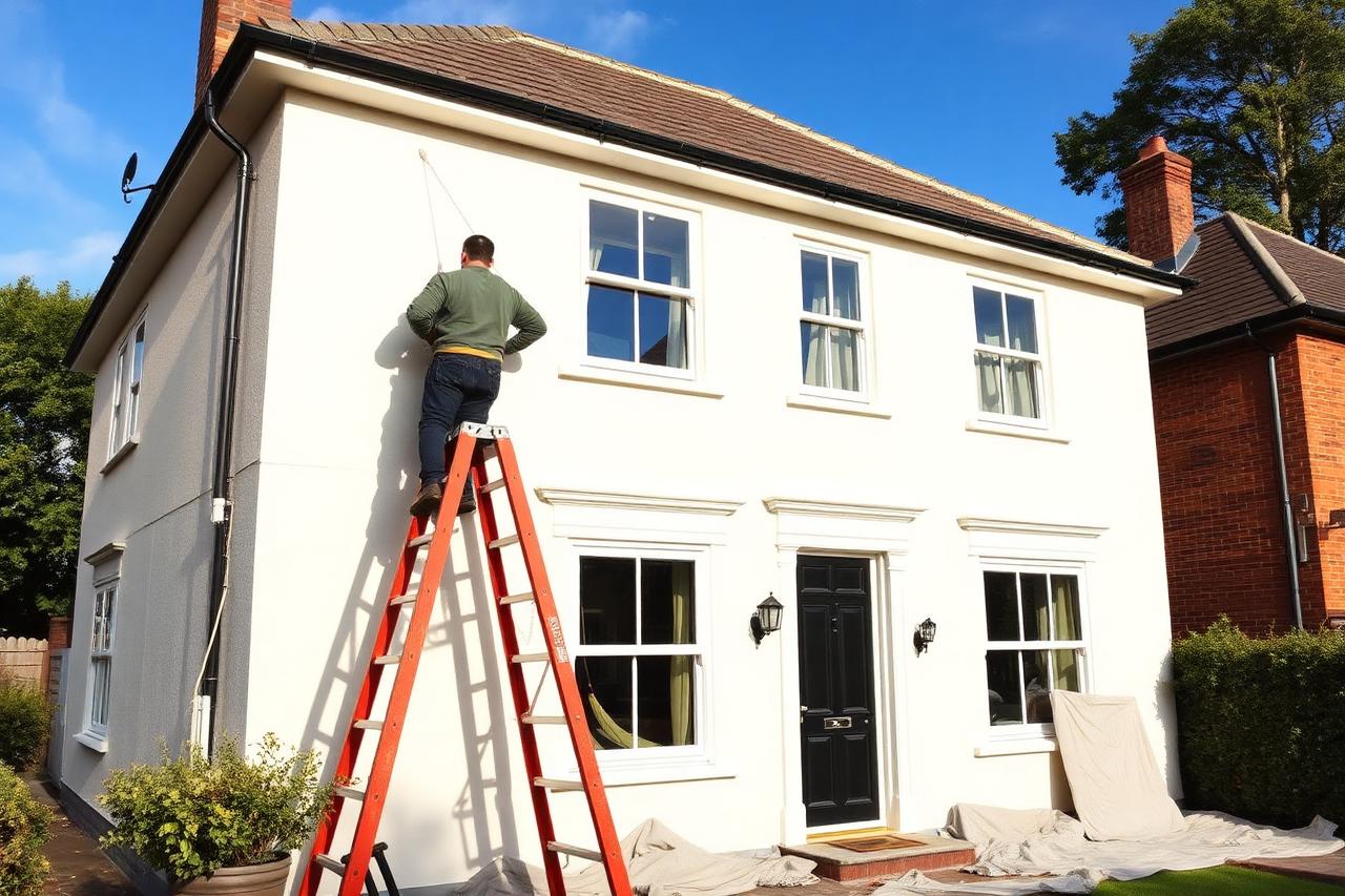 Decorator on a ladder painting the render and white window frames of a UK semi-detached house.