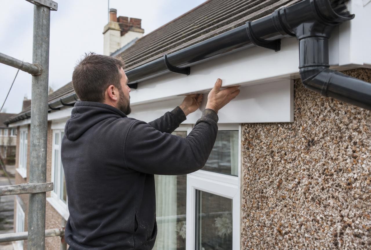 Roofer fitting white uPVC fascia board and black guttering along the eaves of a UK bungalow from a scaffold tower.