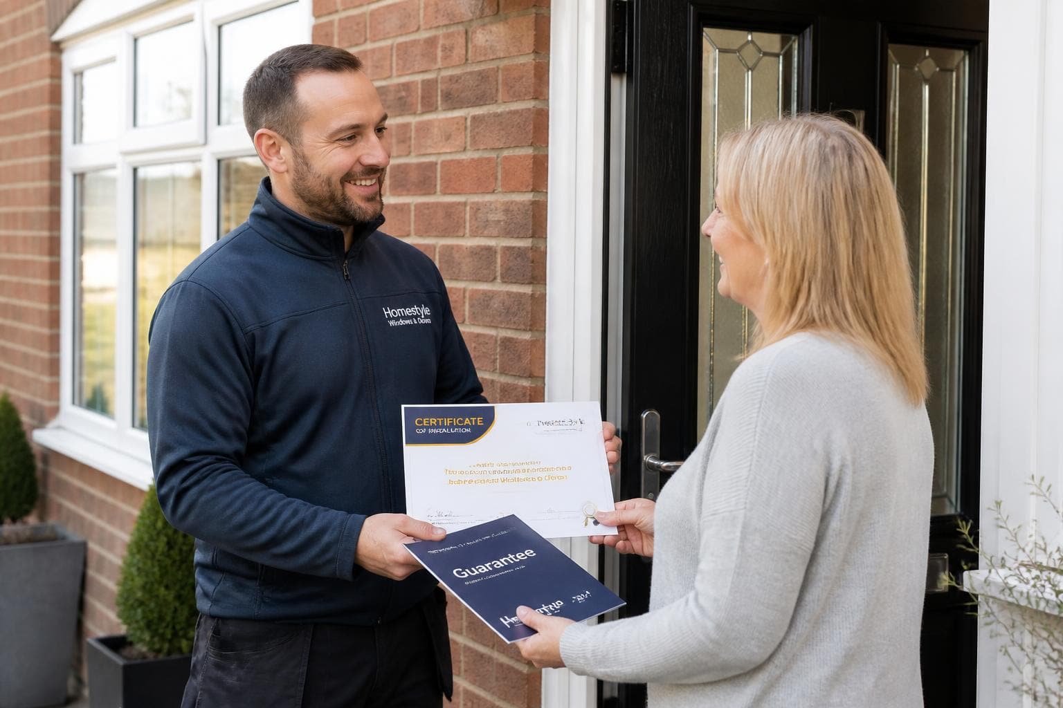 Window installer handing a homeowner a certificate of installation and guarantee paperwork at the front door of a UK home.