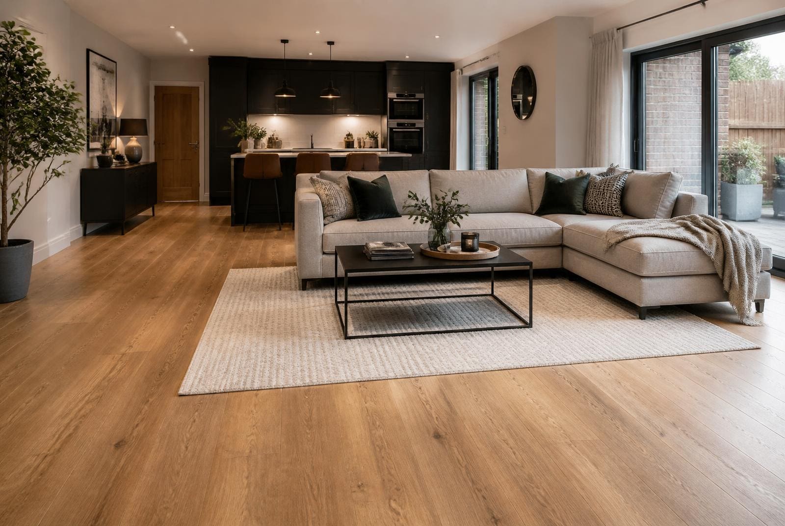 Finished open plan UK living space with wide plank engineered wood flooring, a corner sofa, rug and kitchen beyond.