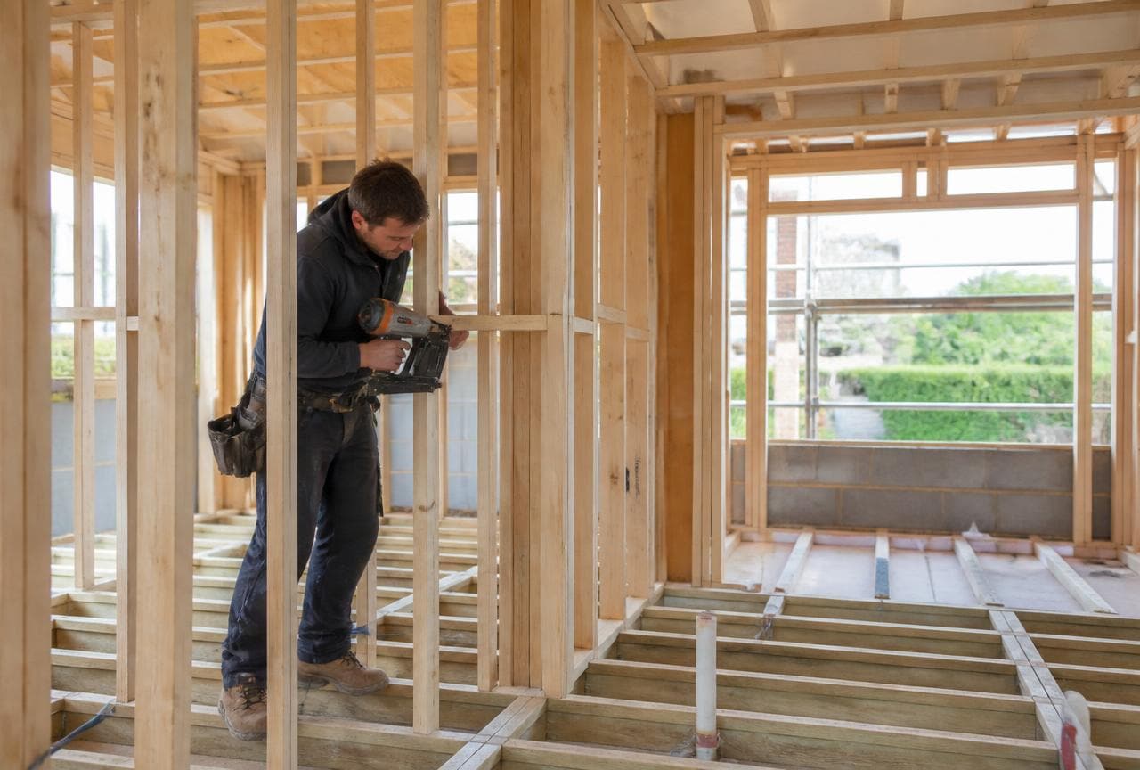Carpenter fixing noggins between timber stud partition walls and floor joists during first fix carpentry on a UK house extension.
