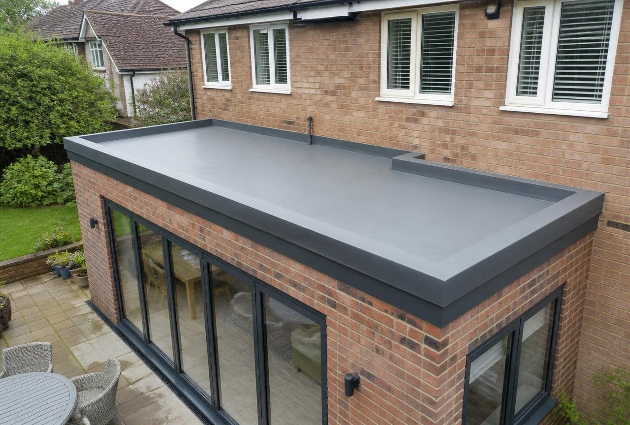 Newly installed grey EPDM flat roof with clean edge trims on a modern brick house extension in a UK garden.