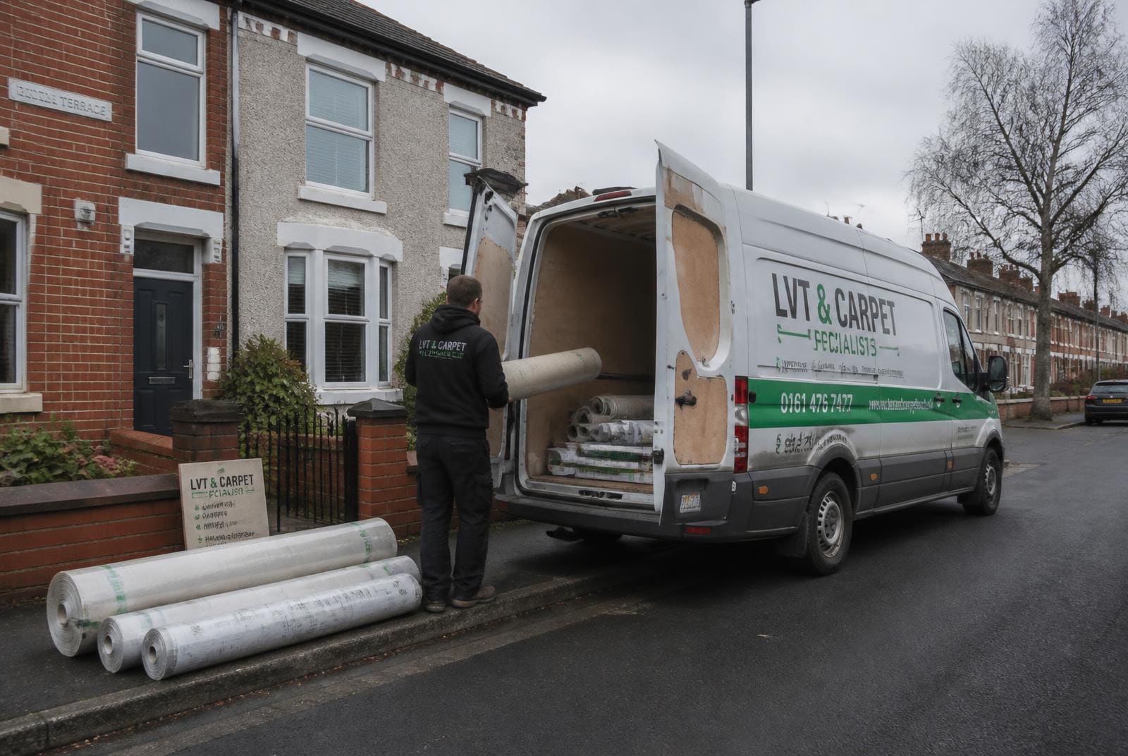 Flooring company van parked outside a UK terraced house with rolls of underlay and flooring being unloaded by a fitter.