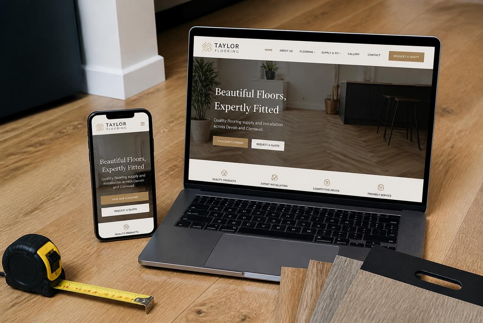 Flooring company website displayed on a smartphone and a laptop resting on a newly fitted oak floor beside a tape measure and flooring samples.