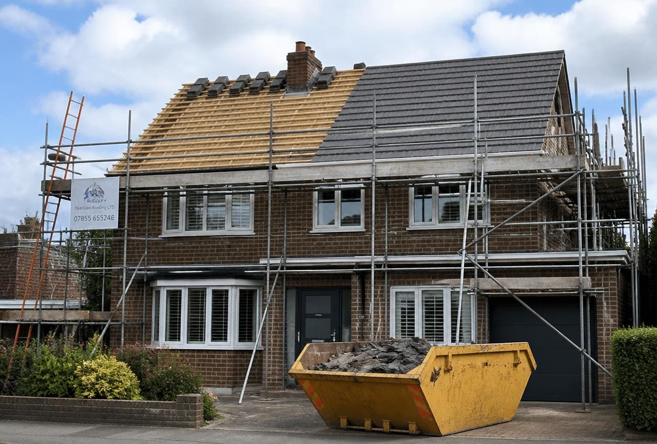 UK detached house mid roof replacement, half stripped to timber battens and half re-tiled, with full scaffolding and a skip in the drive.