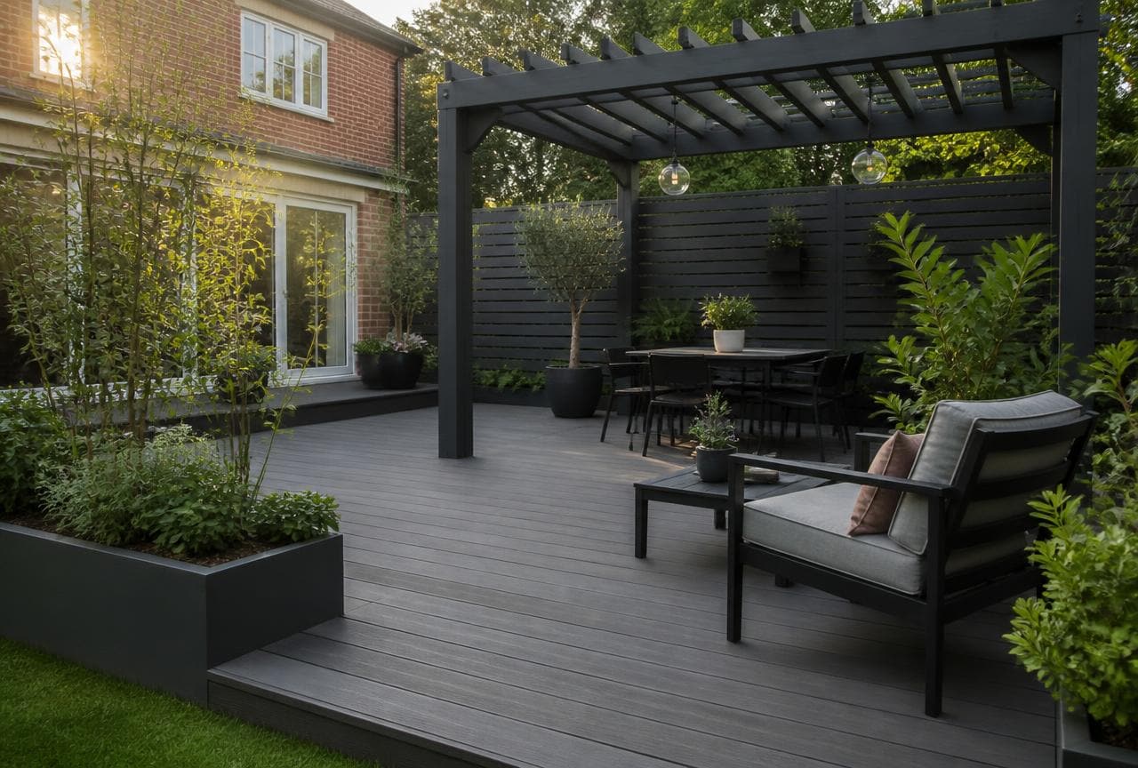 Newly built garden decking with a dark timber pergola, planters and outdoor seating in a UK back garden at golden hour.