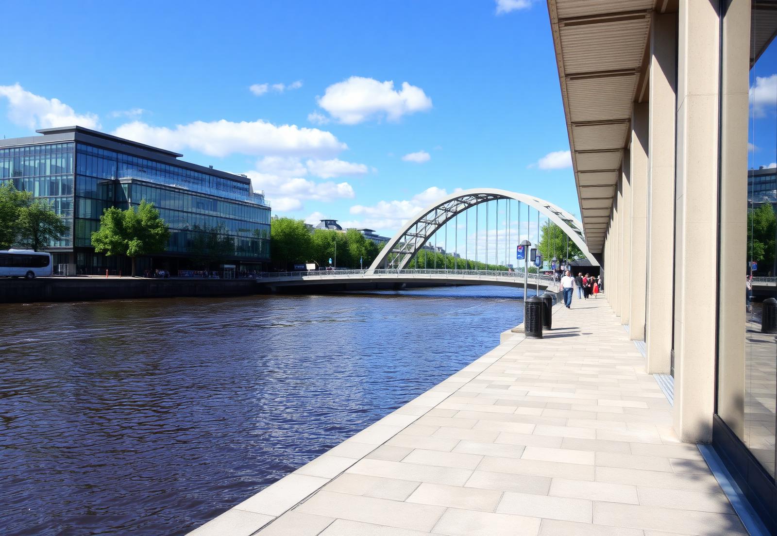 Riverside walkway along the River Clyde in Glasgow on a sunny day
